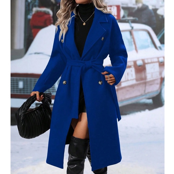 Solid Wide Collar Pockets Belted Minimalist Jacket Coat - Picture 5 of 9